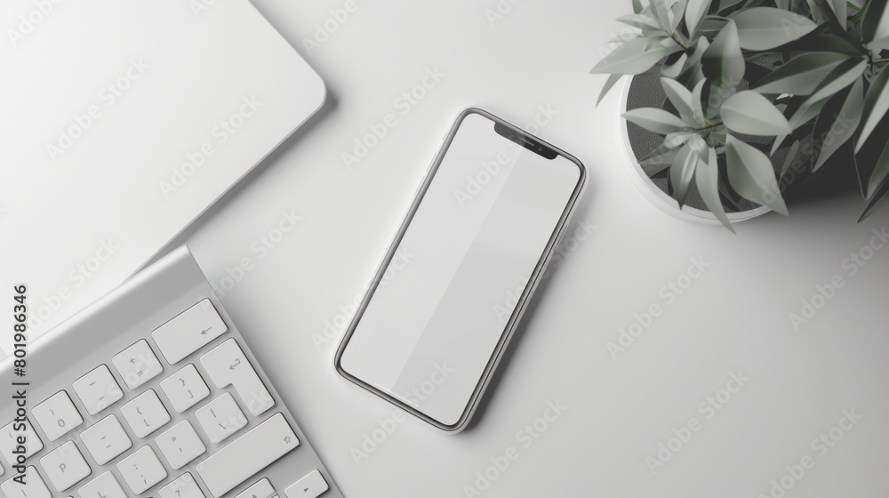 Poster a white phone sits on a table next to a keyboard
