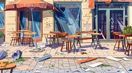 On the sidewalk exterior, there is a mess area with dirty store furniture and broken tables and chairs in an abandoned outdoor cafe on the city square park.