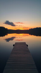 Serene Sunset Spectacle: Vibrant Sky Colors Reflecting on Calm Lake with Wooden Dock