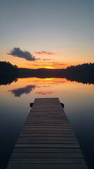 Obraz premium Serene Sunset Spectacle: Vibrant Sky Colors Reflecting on Calm Lake with Wooden Dock