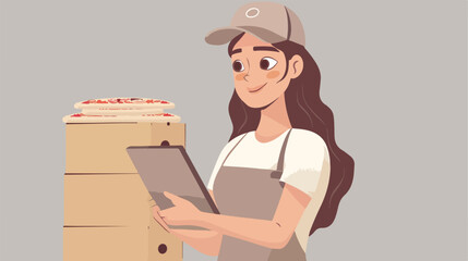 Delivery woman with cardboard pizza boxes and tablet