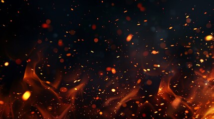 Modern realistic illustration of fire sparks, smoke, embers and fire on black background. Overlay effect of a burning coal, grill, hell, or bonfire with flames, flying orange sparks and fog.