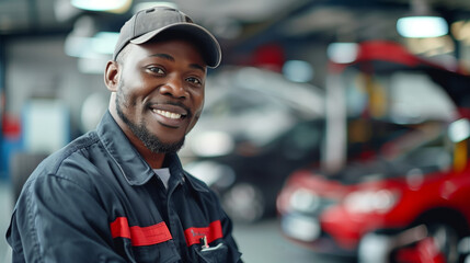 African American Auto mechanic working in garage with car in background, banner with copy space