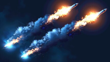 Modern realistic set of rocket, space ship, jet launch smoke trail. Takeoff or blast effect of spaceship, shuttle, missile with blue flames and steam clouds.