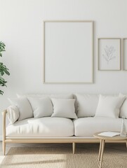 Fototapeta premium Frame mockup, simple and modern sofa home interior design background, wall poster frame mockup, 3d render