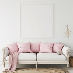 Frame mockup, simple and modern sofa home interior design background, wall poster frame mockup, 3d render