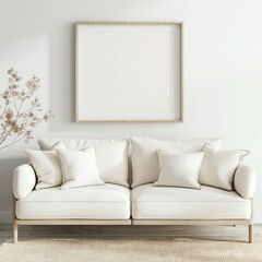 Frame mockup, simple and modern sofa home interior design background, wall poster frame mockup, 3d render