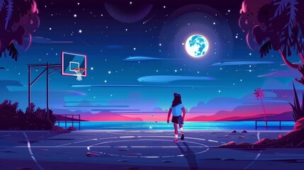 Modern illustration of a girl playing basketball on a street sport stadium by the sea, near the shore. Moonlight in summer. Happy winner person on playground at night.
