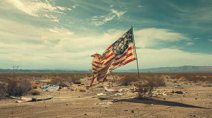 A tattered flag captures the adventurous spirit of traveling across America, symbolizing unity and historical resilience, isolated against a serene sky