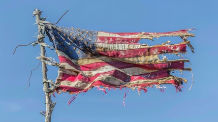 A tattered American flag waving boldly, close-up shot symbolizing the enduring spirit of adventure and unity across America, against an isolated backdrop