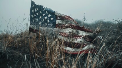 A tattered American flag waving boldly, close-up shot symbolizing the enduring spirit of adventure and unity across America, against an isolated backdrop - obrazy, fototapety, plakaty