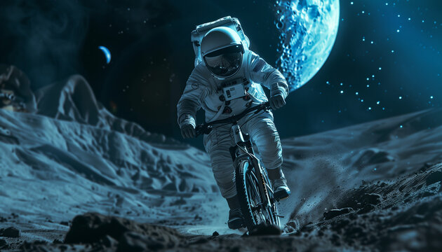 Astronaut Riding a Mountain Bike on the Moon's Surface