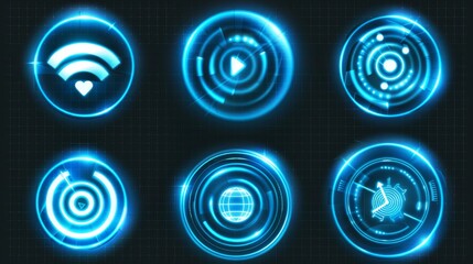 Blue radio waves radial symbol isolated on transparent background. Modern representation of wifi connection, sound spread, pulse effect, vibration frequency, radar area.