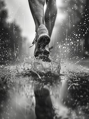 Dynamic Runner Splashing in Puddle, Monochrome. Close-up of a runner's legs in a sneaker, splashing through a water puddle in black and white.