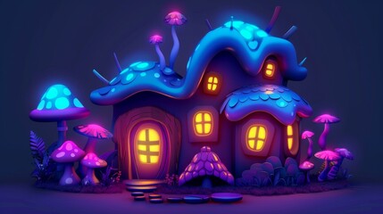 In this fairytale cartoon forest house cartoon modern, a neon light glows in the corner of a fairy tale magic building with mushrooms isolated on a wooden log. It represents a cottage for an elf or