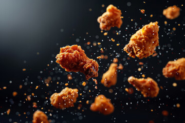 Fried chicken pieces floating in the air with crispy texture