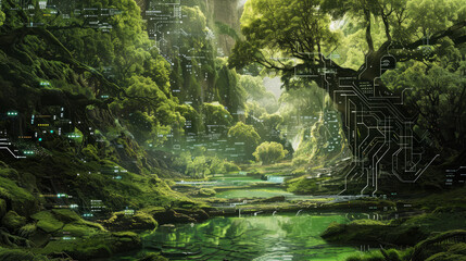 Futuristic forest blending technology and nature seamlessly