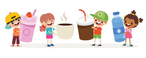 Cartoon Kids Drinking Various Beverages