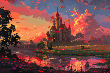 Fototapeta premium Pixelated sunset view of a castle beside a river with flags