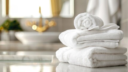 Stack of white towels in bathroom, closeup. with copy space