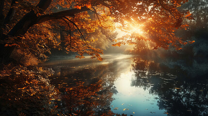 Serene autumn sunrise over a tranquil forest lake