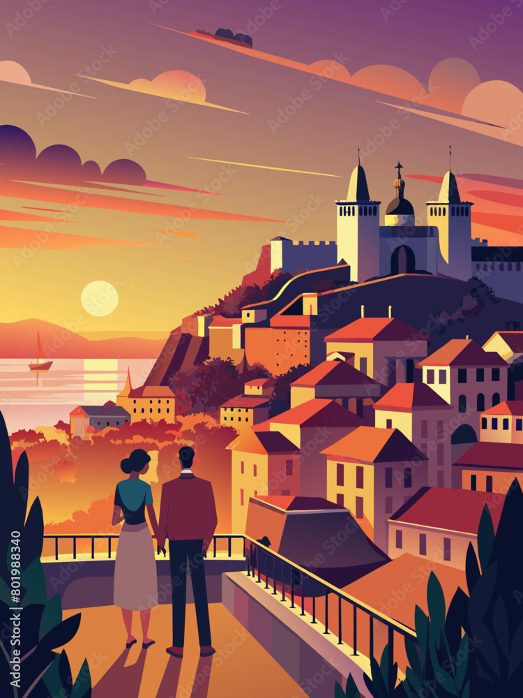 Wall mural Romantic Couple Enjoying Sunset Over Coastal Cityscape