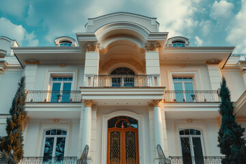 Naklejka premium Elegant luxury mansion with ornate architecture and lush garden