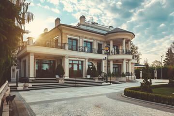 Naklejka premium Luxurious mansion exterior at sunset with elegant landscaping