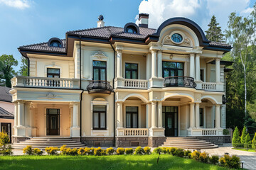 Naklejka premium Elegant luxury mansion with lush greenery on sunny day