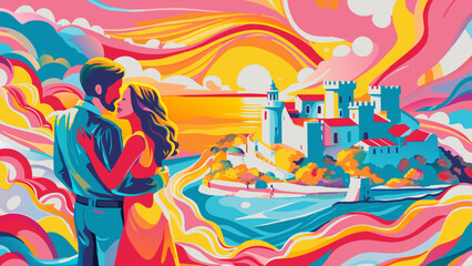 Romantic Couple Embracing with Scenic Coastal Town Background in Vibrant Colors