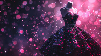 Elegant black dress on mannequin with sparkling background