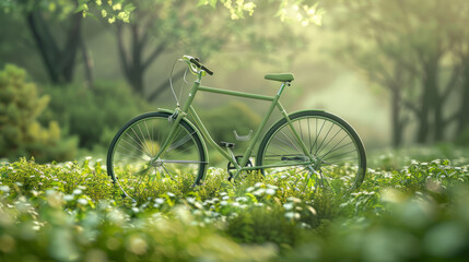 Green bicycle parked beautifully in a lush forest