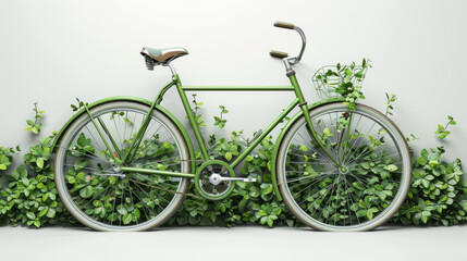 Fototapeta premium Green bicycle surrounded by lush plants in a serene setting