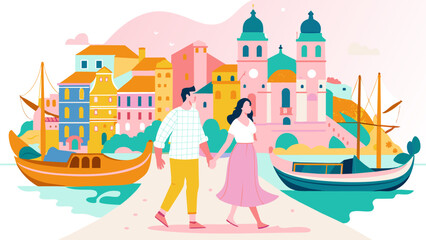 Romantic Couple Enjoying Scenic Venice with Gondolas and Architecture