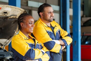 Two mechanics in yellow and blue uniforms, smiling confidently, arms crossed, standing in garage,...