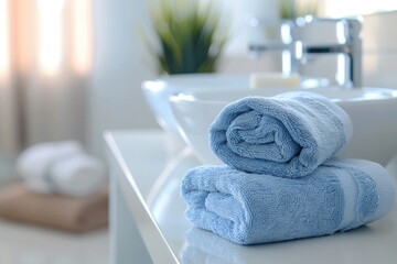 Stack of white towels in bathroom, closeup. with copy space