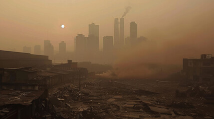 Apocalyptic cityscape with polluted air and dilapidated buildings