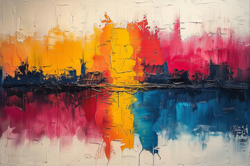 Colorful abstract oil painting with vibrant cityscape reflection