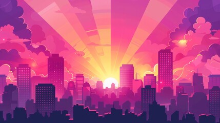 Cartoon cityscape with sunset sky on pink background. Streetscapes with skyscrapers and sun beams over the city. Business building exterior background.