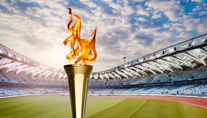 Flame burns in Olympic torch against blurred sports arena