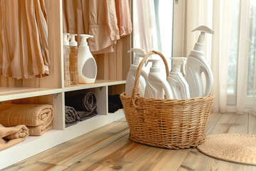 A basket full of laundry detergent sits on a wooden floor, and the room is filled with clothes. Concept of organization and cleanliness