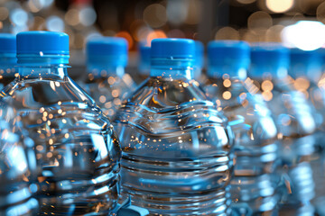 A row of water bottles with blue caps