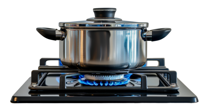Polished stainless steel cooking pot on a modern gas cooktop, cut out - stock png.