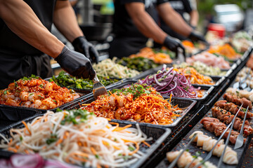 Obraz premium A man is cooking food on a table with many different types of food