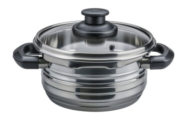 Shiny stainless steel pot with a transparent glass lid, cut out - stock png.