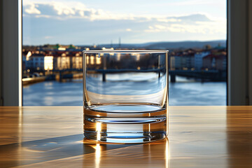 A glass is sitting on a table with a view of a city and a river
