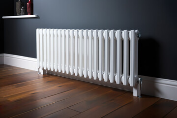 Radiator, room interior, wood floor, gray painted wall, Central heating installation, warm home