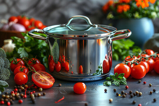 A large pot of food is on a table with a variety of vegetables including tomatoe