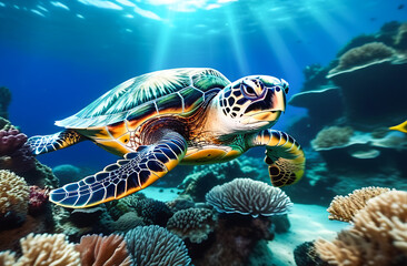 sea turtle swims underwater among the corals
