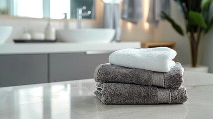 Stack of white towels in bathroom, closeup. with copy space
